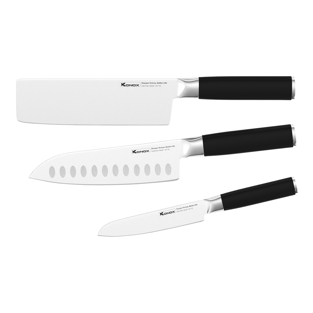 Bộ dao làm bếp 3 món Konox Alder Set – Nakiri, Santoku, dao gọt