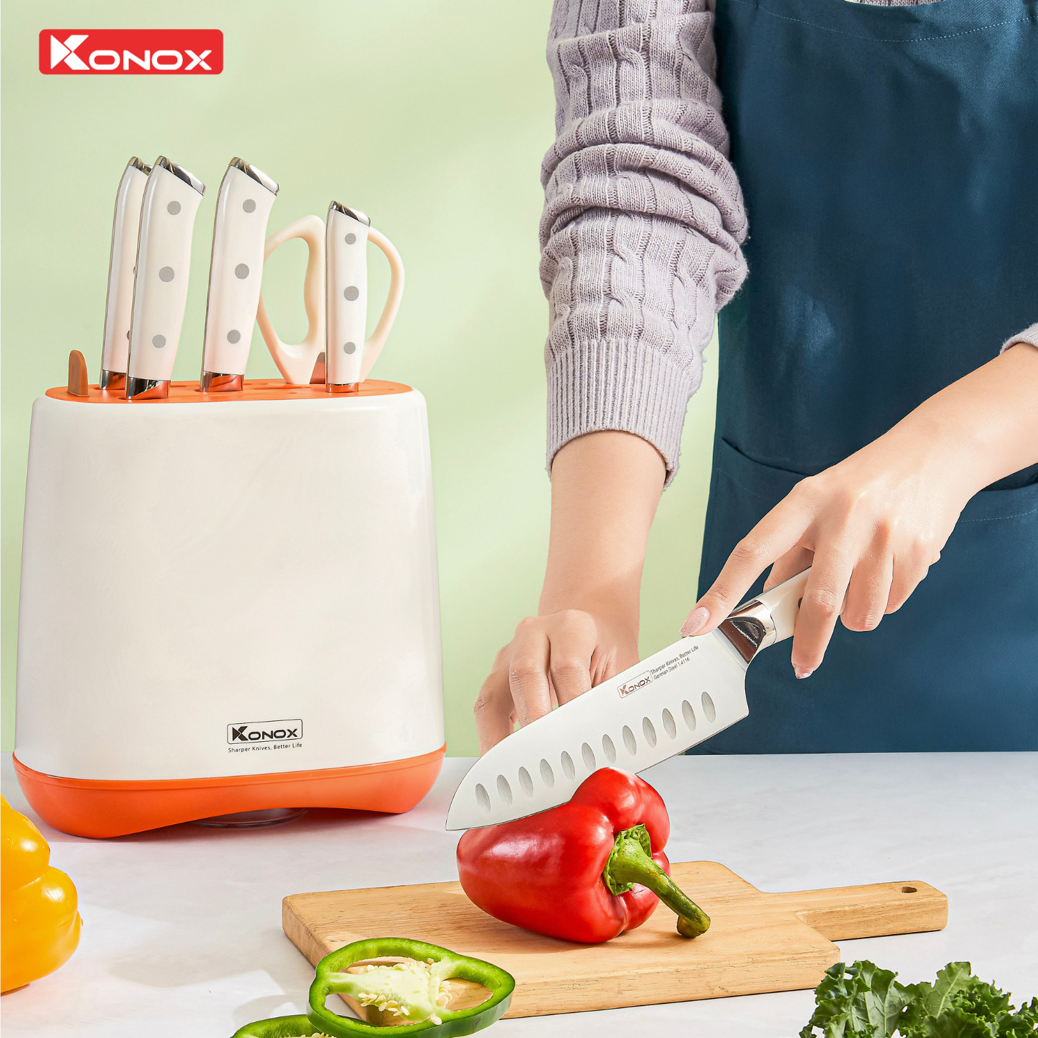 Bộ dao làm bếp 5 món cao cấp Konox Haper Orange - ảnh 4