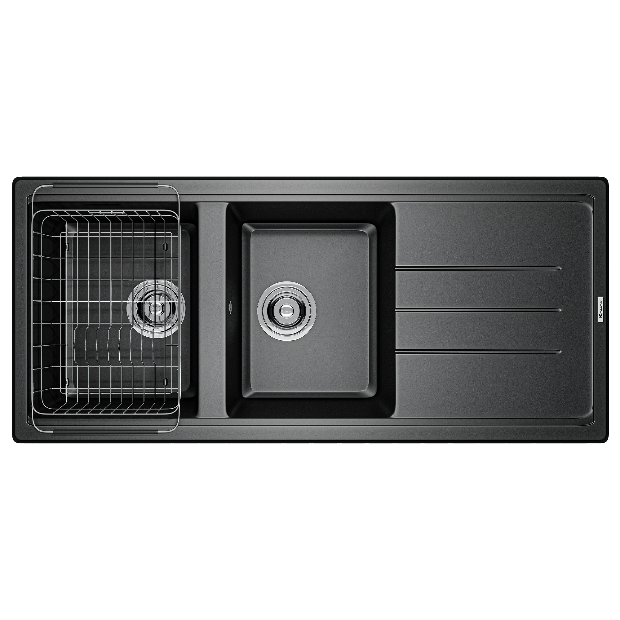 Chậu rửa bát đá Konox Granite Phoenix 1160 Black – 2 hố, bàn chờ
