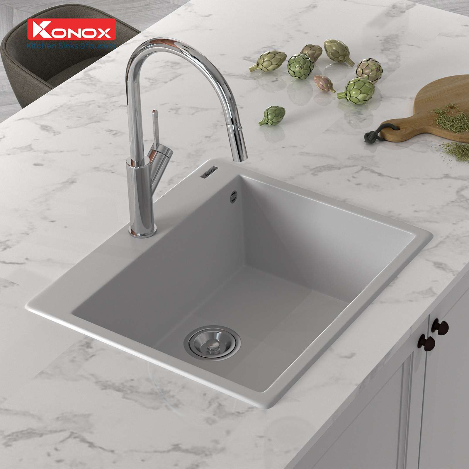 Chậu rửa bát Granite Sink Ruvita 680 – White Silver - ảnh 4